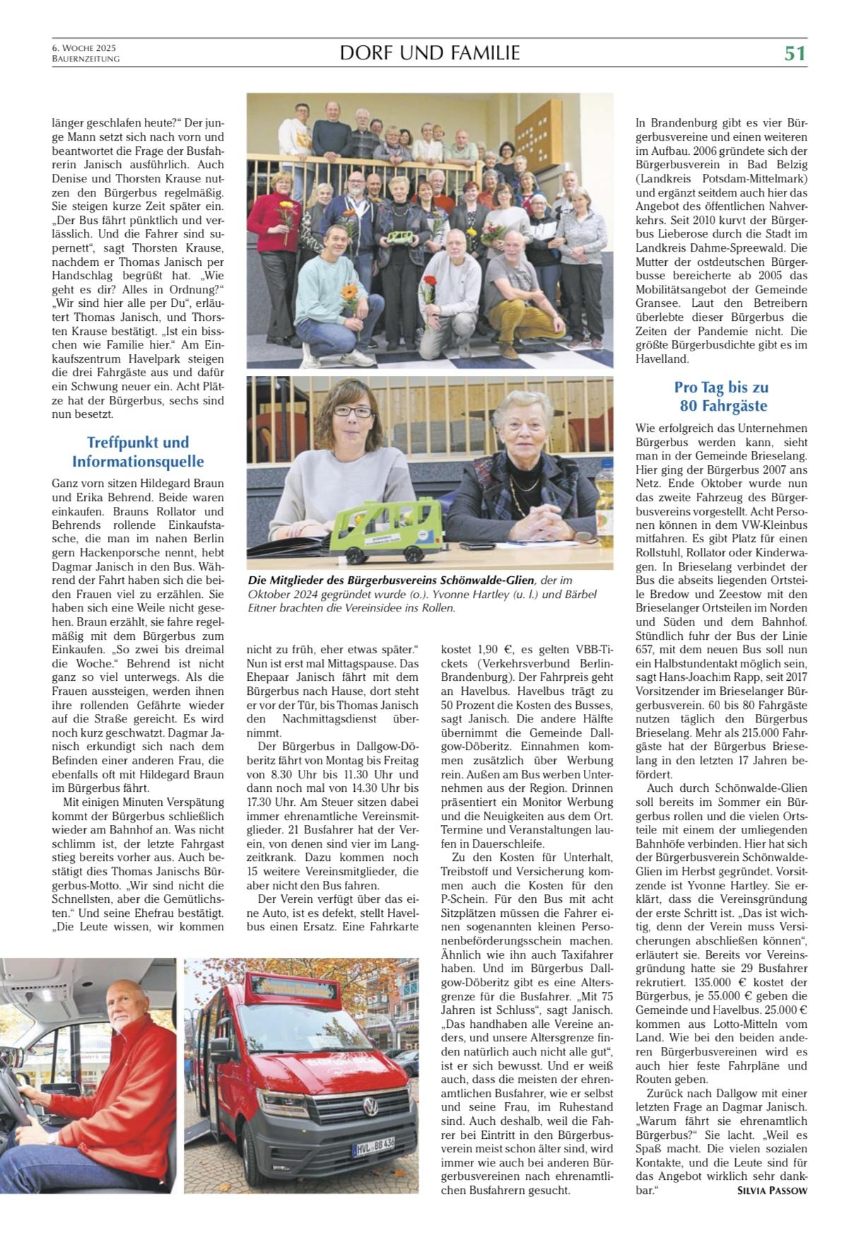 Bürgerbus Schönwalde-Glien in der Bauernzeitung Bild